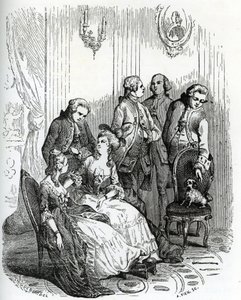 An evening at the Chateau de Vaux-le-Vicomte at the times of king Louis XV (1710-1774). 19th century (engraving from "Mysteres des vieux chateaux de France" by Le Francois)