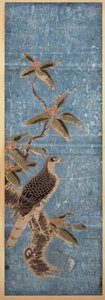An Ishizuri-e Depicting a Falcon Perched on a Nanten Branch, Set Against a Blue Background