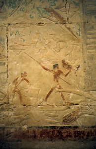 Ancient Egypt: Saqqarah: necropolis of the Old Empire, tomb of noble. Detail of the reliefs depicting a fishing scene by Leopold Blonder