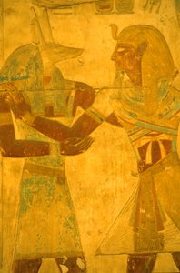 Ancient Egypt, Wall Painting/Carving, Seti I Embracing the God Anubis, Temple of Seti I, Abydos