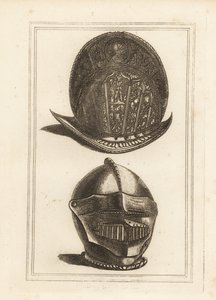 Ancient Venetian Morion Helmet Ornamented with Military Trophies, and a Burgonet Helmet with Unified Visor and Bever from the Tower of London