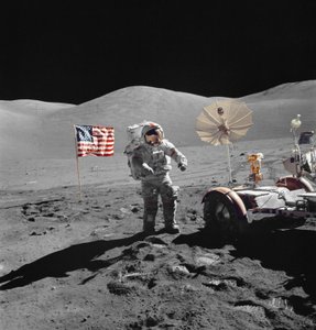 Astronaut Eugene Cernan walks toward LRV during EVA