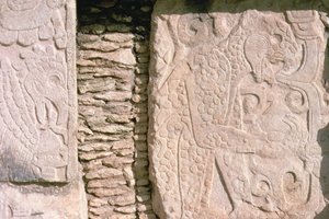 Bas relief depicting jaguars pulling out human hearts from sacrificial victims