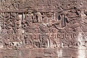Bas reliefs on the west side of the Bayon Temple depicting Khmer soldiers marching, Angkor archaeological site, Cambodia by Unbekannter Künstler