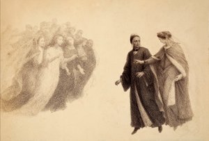 Beatrice, in the firmament of Paradise, indicates a group of souls to Dante. Illustration of the Canto III of Paradiso of The Divine Comedy of Dante Alighieri. Work of Francesco Scaramuzza dedicated to the Municipality of Florence.