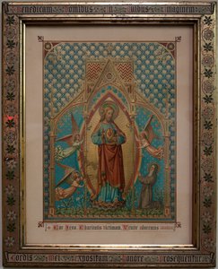 Bevere. Parish church (Sint-Pietersbanden). Interior. Devotion coloured print. S Lucas school Gent, Eigendom 1875, W Z Dreyt Brugge. Neo-Gothic. by Unbekannt