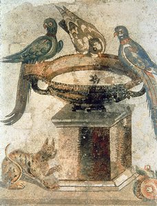 Birds and an ambushing cat, from Pompeii