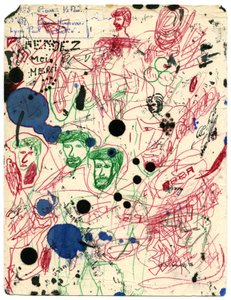 Blotter covered with stains and doodles, around 1960