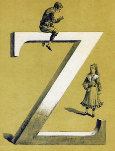 Boy sitting on the letter Z and little girl standing under him. Illustrated alphabet. Imageries reunited in Jarville-Nancy, early 20th century