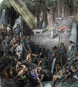 Human Sacrifice During a Ceremony Chaired by a Druid in Presence of Families and Warriors in a Forest (engraving)