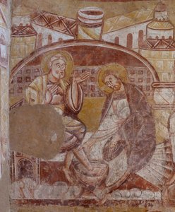 Church (Église Saint-Martin). Interior. Wall paintings. North wall of the choir. (detail) foot washing. 12th century. by Unbekannt
