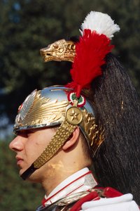 Close up of cuirassier wearing helmet