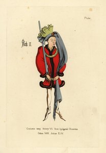 Costume of King Richard II, in short full tunic edged with fur, belted at the hips with a girdle, pointed shoes, roundlet headdress with long tail and crown of fabric cut in the form of leaves