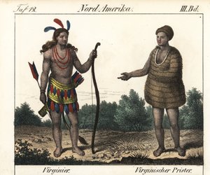 Costume of Powhatan Indians of Virginia (USA): a warrior and a priest of Secota. Lithography for the book: “Galerie complete en tableaux fideles des peuples d