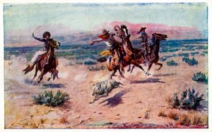 Cowboys on horseback roping a wolf by Unbekannter Künstler