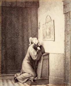 Dante kneeling in prayer, with his gaze directed at a triptych by Unbekannter Künstler