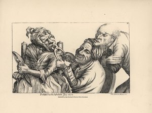 Dentist laughing as he uses pincers to pull a bad tooth from the mouth of an old woman. Copperplate engraving after a satirical illustration by Timothy Bobbin (John Collier) from Human Passions Delineated, John Haywood, Manchester by Unbekannter Künstler