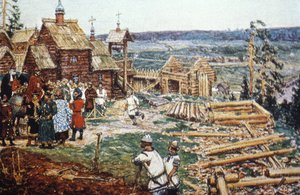 Depiction of the Construction of the Moscow Kremlin Out of Logs Under the Reign of Yuri Dolgoruky in the 12th Century