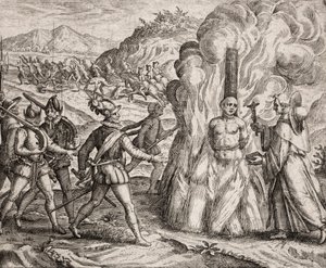 Description of the crimes inflicted on the Indians by the Spanish colonists - Conquistadors burning at the stake an Indian who refused to convert to the Catholic faith. Religious of the Franciscan Order (engraving) by Unbekannt
