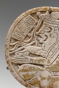 Detail from a Mayan shell roundel, depicting a crosslegged scribe with pen in hand, c.550-950 by Unbekannt