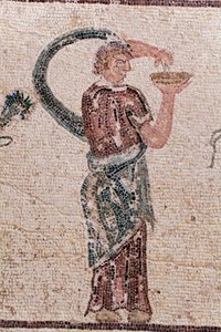 The Triumph of Dionysos - Return of the god from a military expedition to India - A Baccante holding a libation bowl - Paphos mosaics, House of Dionysos, End of the 2nd Century AD - Cyprus - (detail) by William M. Timlin