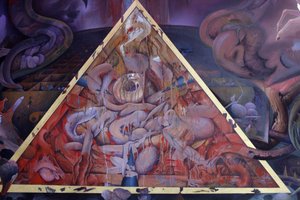 Detail of a mural painting in the Uposatha (shrine hall) of Buddhapadipa temple, Wimbledon, United Kingdom