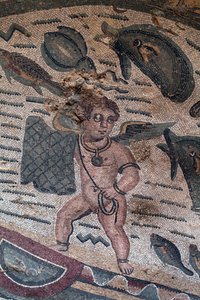 Detail of the fishing Putti mosaic. Net fishery. 3rd - 4th century. Roman Villa of the Casale, Sicily. UNESCO site. by William M. Timlin