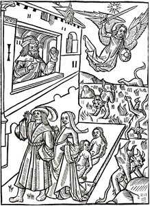 Devils are pursued by the Archangel Saint Michael, while humans continue their activities