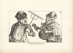 Drunken farmer Jones buying the entire stock of wooden tools from old squinty-eyed Nan. Copperplate engraving after a satirical illustration by Timothy Bobbin (John Collier) from Human Passions Delineated, John Haywood, Manchester