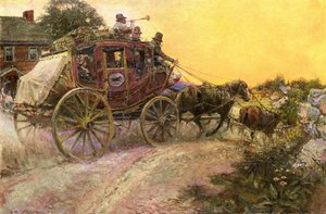 Evening Diligence Arriving in a Village Carrying Mail and Passengers