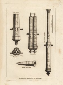 Extraordinary pieces of artillery: view and section of the culverine of Nancy, a triple cannon, a twin cannon and an ancient screwpiece