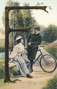 F: A Man in Cyclist Outfit Leaning on His Bicycle Talking to a Woman Sitting on a Bench. Countryside Setting - Alphabet Characters Ref Th. E., L. Theochrom - Series 994. Theodor Eisman, publisher, Leipzig by Unbekannt