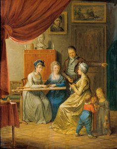 Family with Two Women at the Embroidery Frame by Unbekannter Künstler