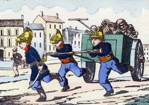Firefighters. Engraving in "Alphabet militaire enfantin". Imagery of Pont-a-Mousson, circa 1890
