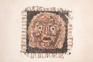 Floor mosaic depicting a Dionysus mask, from a Roman villa near Via Ruffinella in Rome, National Museum of Rome, Rome, Italy by Unbekannter Künstler
