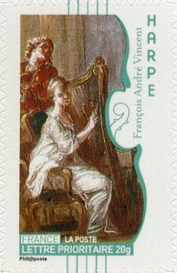 French postage stamp showing a woman playing the harp, from a painting by French artist François-André Vincent
