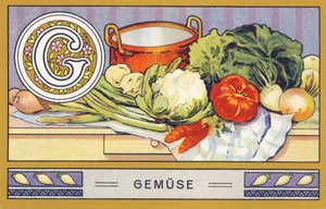 G: Vegetables - Alphabet Palmin. Series of chromolithographs published by H. Schlinck & Co, Hamburg. Advertisement for Palmin finest coconut fat. Dimensions: 7 x 11 cm by William M. Timlin