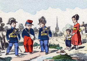 Gendarmes. Engraving in "Alphabet militaire enfantin". Imagery of Pont-a-Mousson, circa 1890 by Unbekannt