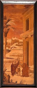 Genoa, Duomo (St Lawrence Cathedral), inside, apse, choir, North side: "St John the Baptist takes leave from his family", wood intarsia by Vincenzo e Tommaso Garassino (XIX century) by Unbekannter Künstler