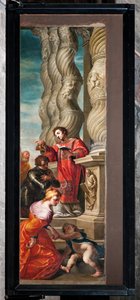 Genoa, Duomo (St Lawrence Cathedral), interior, left aisle, original doors of the organ of the south side transept: "St Lawrence christens St Romanus " (1634-6), by Andrea Ansaldo