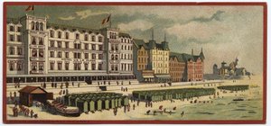 Grand hotels: exterior view of the Hotel de la Plage in Ostend, Belgium - Map of a series presenting the hotels of the 