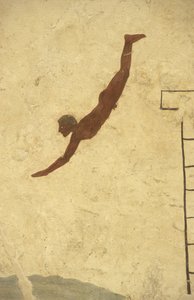 Fresco of the Tomb of the Diver, Paestum, Region of Campania, Italy. Tomba del Tuffatore, mural, Paestum archaeological park, Campania, Italy