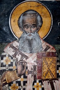 Ancient Byzantine Frescoes, Mural of Bishop Nicholas, Church of Agios Nikolaos, Greece