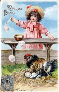 Greeting Card for Easter: a hen covering her eggs curiously looks at the soap bubbles made by a little girl by Unbekannt