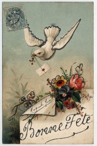 Greeting card: a bird brings a sealed letter - Postcard dated 1906