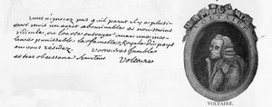 Handwriting and signature of Voltaire, from a letter written at Colmar to the French Minister at the court of Frederick the Great in Berlin, the Chevalier de la Touche, 3 March by Unbekannt