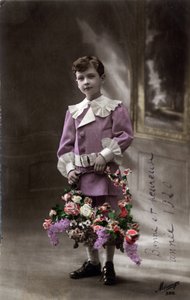 Happy New Year Greeting Card: A Child Holding a Basket of Flowers - Postcard dated 1920 by Unbekannt