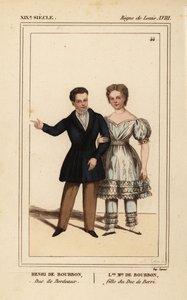 Henry, Count of Chambord, Duke of Bordeaux and Louise Marie Therese of Artois, daughter of the Duke of Berry. Handcoloured lithograph by Madame Calon from Le Bibliophile Jacob aka Paul Lacroix