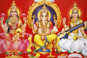 Hindu goddess Laxmi, god Ganesh & goddess Saraswati (left to right), India