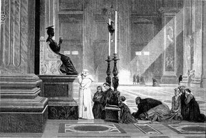 Pope Pius IX in prayer before the statue of St. Peter in the Vatican Basilica (engraving by G. Laplant, 1867)
